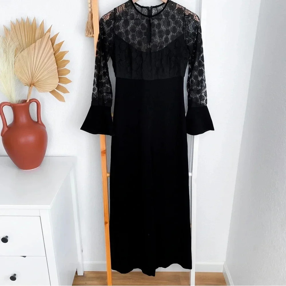 MaxMara Lace Wide Leg Jumpsuit Black Bell Wide Long Sleeves Romper Jumpsuit